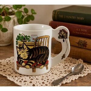 Vintage Cat Coffee Mug Cuckoo Clock Handle 3.25” Tall Whimsical Ceramic Cup